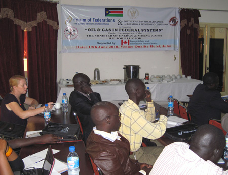 Sudanese professors in break-out group discuss how federal solutions would work in their native Sudan.