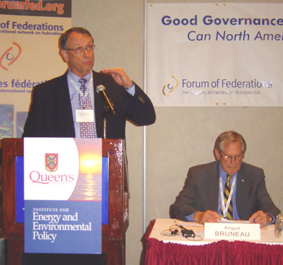 Tony Anthony, Senior Vice-President of the Edison Electricity Institute, addresses delegates at the Good Governance and the North American Electricity Sector conference held recently in Toronto. Angus Bruneau, former CEO of Fortis Inc. and co-chair of the event, is seated to his left.