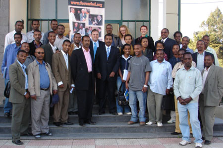 The inaugural class of students and teaching staff of the Masters in Federal Studies program gather in front of the new Institute of Federalism at Addis Ababa University. At the centre is Shawn Houlihan, the Forum's Director for Africa.