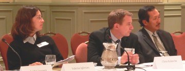 Valeria Iglesias of Argentina, Chris Kukucha of Canada and Sadewo Joedo of Indonesia participate in a Global Dialogue International Roundtable held in Ottawa.