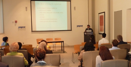 Rupak Chattopadhyay, Vice President of the Forum, explains to a Washington audience how the American capital compares with 10 other national capitals covered by the Forum book <em>Finance and Governance of Capital Cities in Federal Systems</em>.